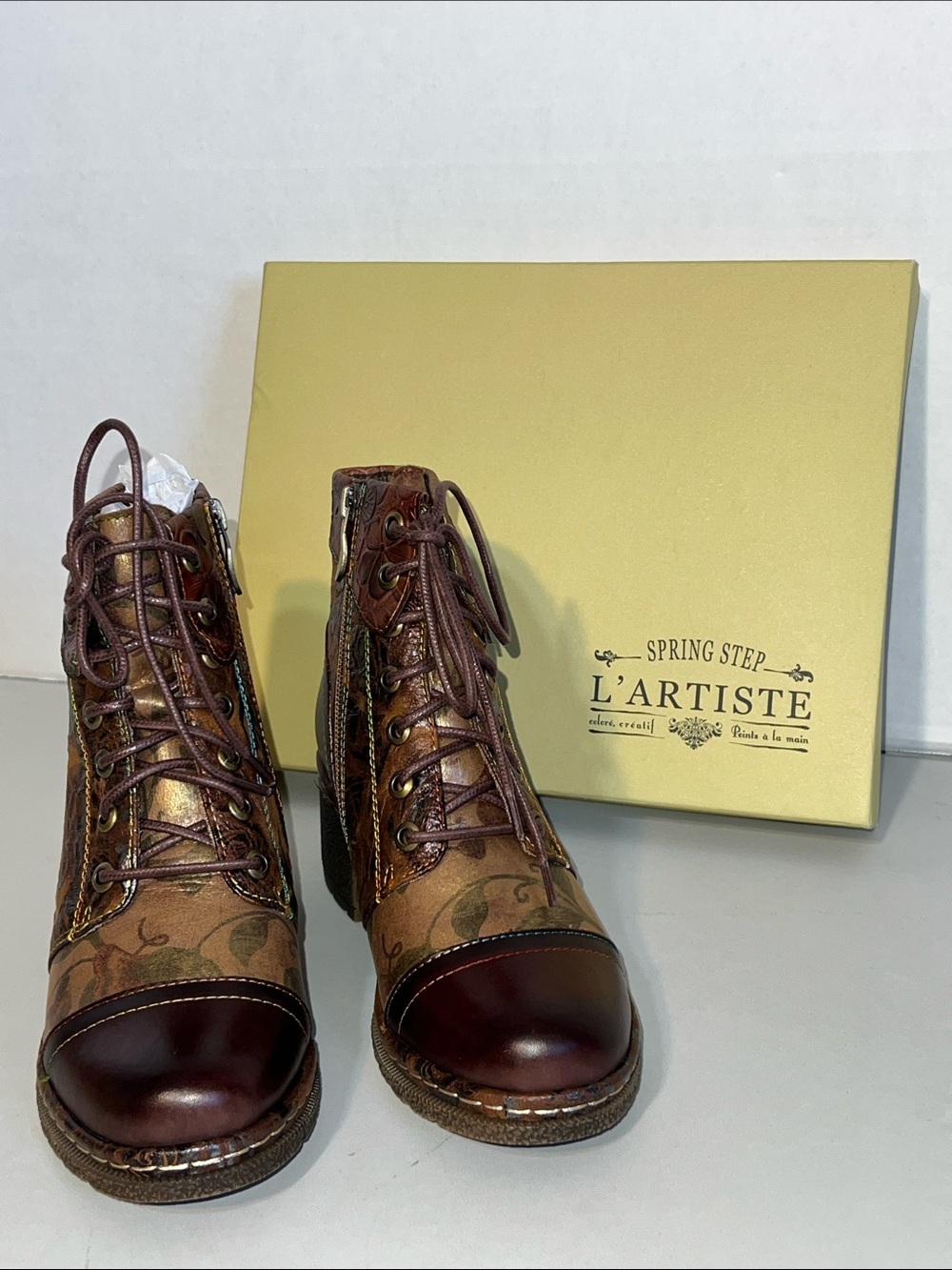 L'Artiste by Spring Step Brown Floral Embossed Leather Lace-Up Boot - Picture 4 of 16